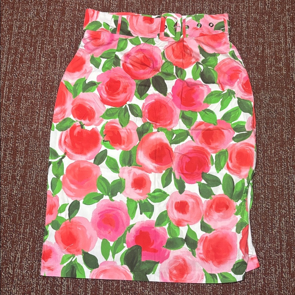 Naf naf paris Women’s small white watercolor rose floral side slit pencil skirt